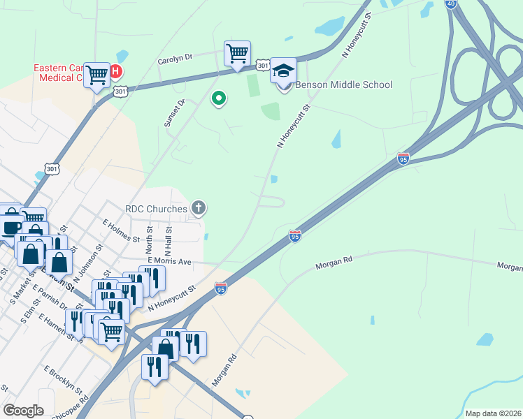 map of restaurants, bars, coffee shops, grocery stores, and more near 12 Coats Circle in Benson