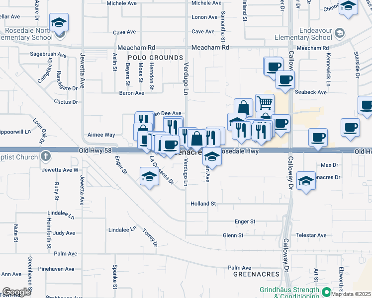 map of restaurants, bars, coffee shops, grocery stores, and more near Rosedale Hwy & Verdugo Ln in Bakersfield