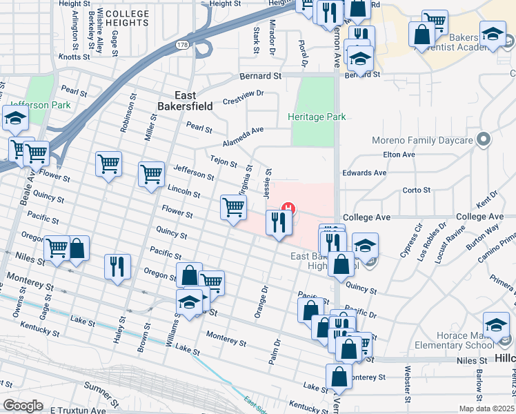 map of restaurants, bars, coffee shops, grocery stores, and more near 1724 Lincoln Street in Bakersfield