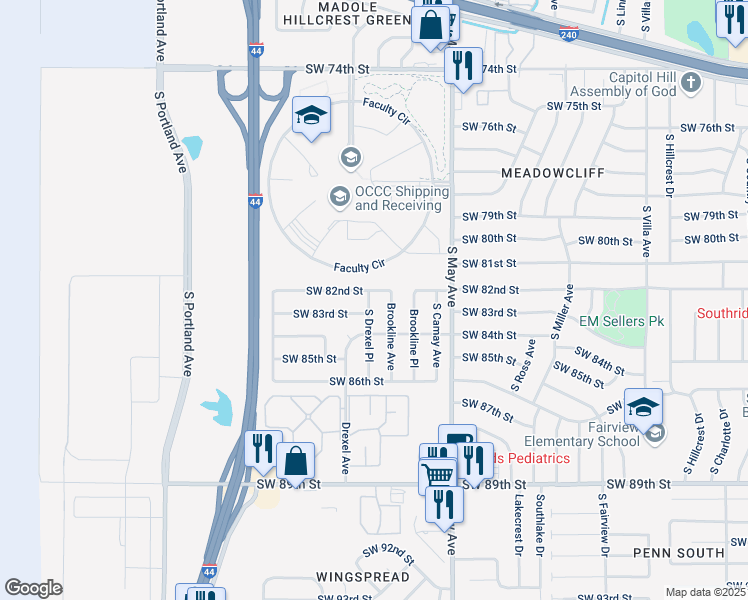 map of restaurants, bars, coffee shops, grocery stores, and more near 8304 South Drexel Place in Oklahoma City