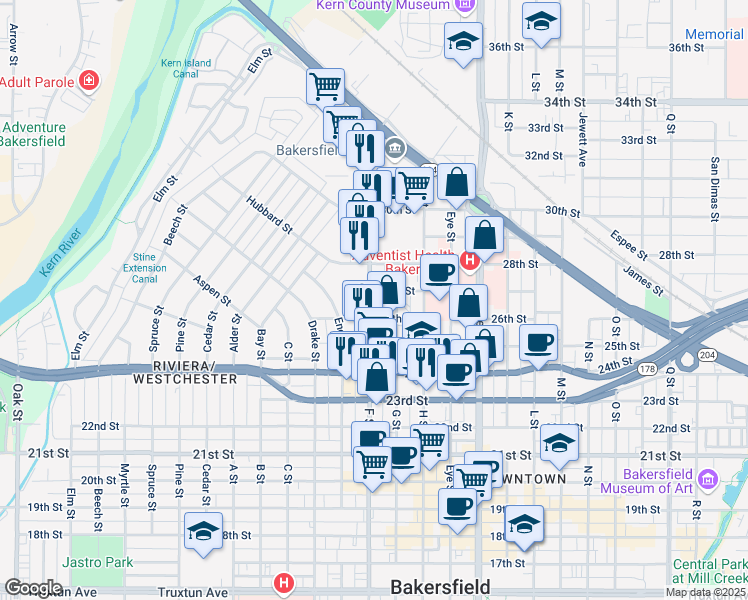 map of restaurants, bars, coffee shops, grocery stores, and more near 2624 F Street in Bakersfield