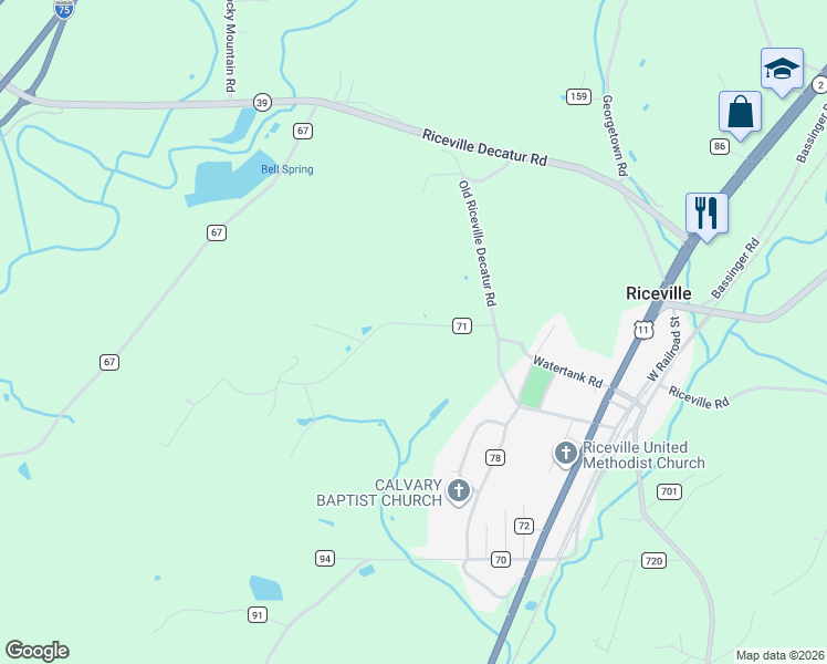 map of restaurants, bars, coffee shops, grocery stores, and more near 129 County Road 71 in Riceville