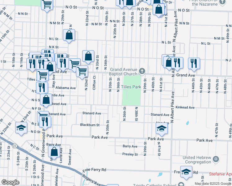 map of restaurants, bars, coffee shops, grocery stores, and more near 715 North 36th Street in Fort Smith