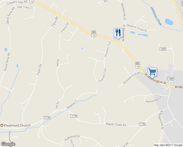 map of restaurants, bars, coffee shops, grocery stores, and more near 391 Chisholm Trail in Rutherfordton