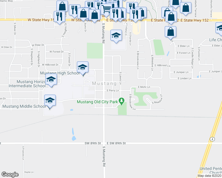 map of restaurants, bars, coffee shops, grocery stores, and more near 121 East Perry Lane in Mustang