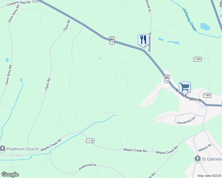 map of restaurants, bars, coffee shops, grocery stores, and more near 391 Chisholm Trail in Rutherfordton