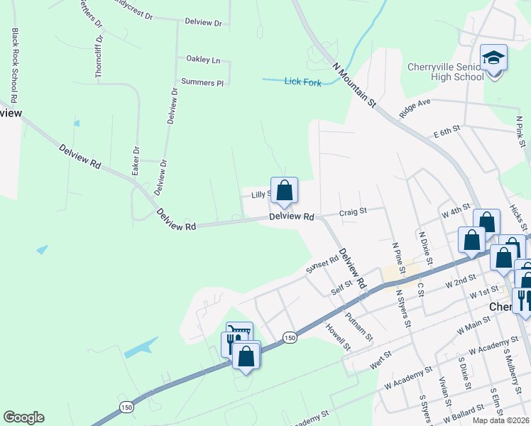 map of restaurants, bars, coffee shops, grocery stores, and more near 1002 Delview Road in Cherryville