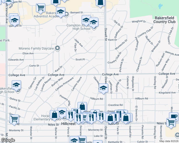 map of restaurants, bars, coffee shops, grocery stores, and more near 1811 Country Club Drive in Bakersfield