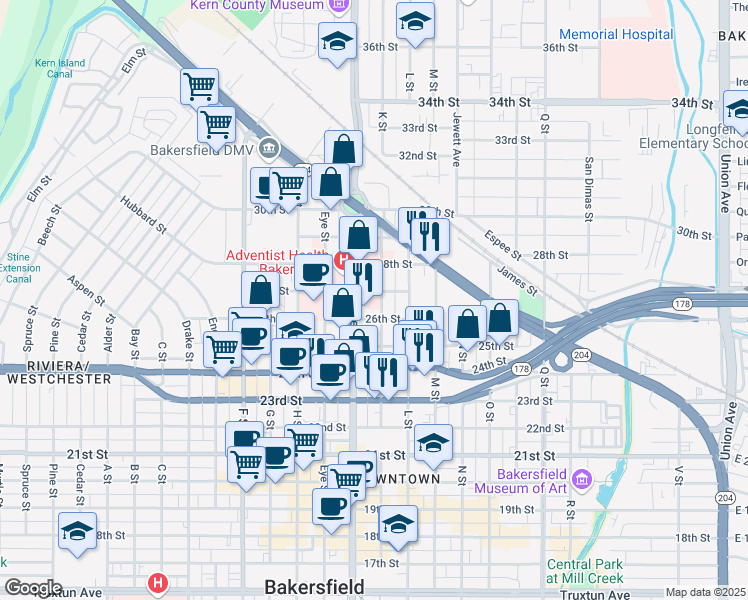 map of restaurants, bars, coffee shops, grocery stores, and more near 2620 Chester Avenue in Bakersfield