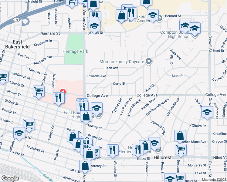 map of restaurants, bars, coffee shops, grocery stores, and more near 1809 Morgan Lane in Bakersfield