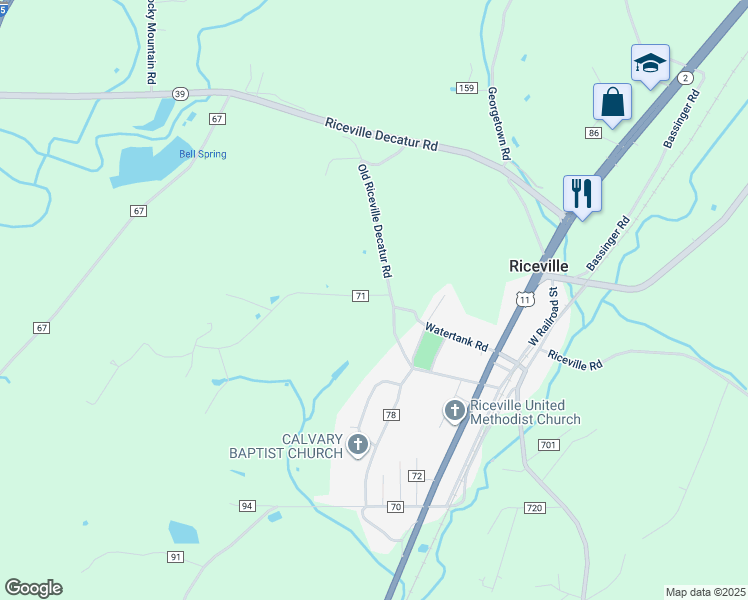 map of restaurants, bars, coffee shops, grocery stores, and more near 115 County Road 71 in Riceville