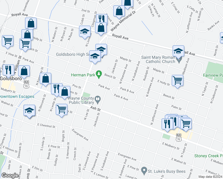 map of restaurants, bars, coffee shops, grocery stores, and more near 1209 Park Avenue in Goldsboro