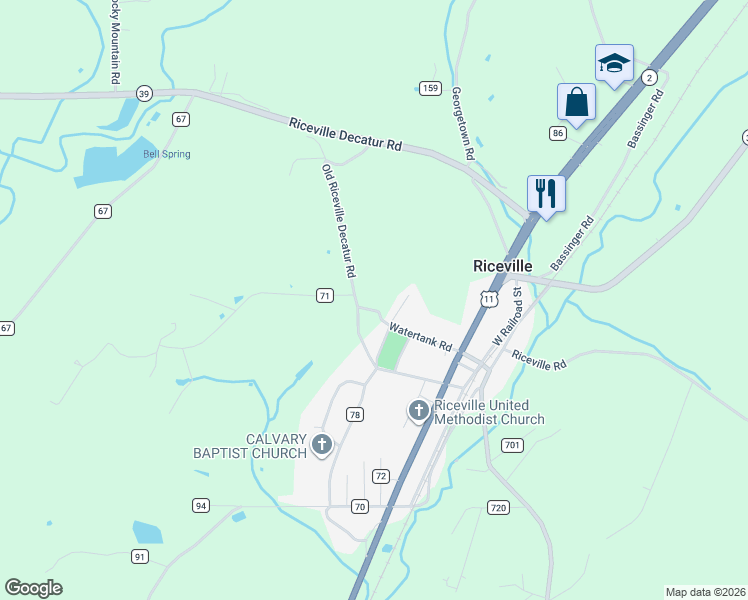 map of restaurants, bars, coffee shops, grocery stores, and more near 166 County Road 80 in Riceville