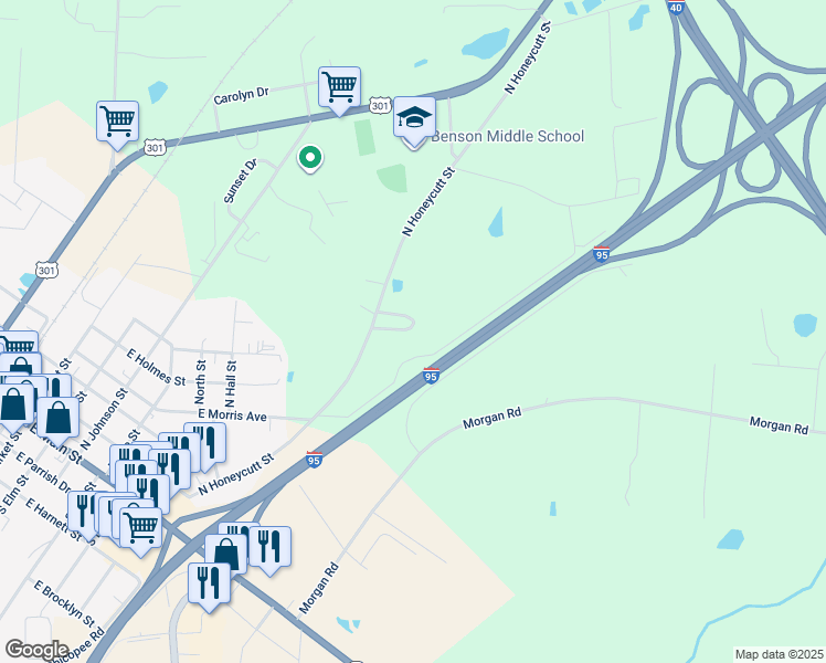 map of restaurants, bars, coffee shops, grocery stores, and more near 36 Coats Circle in Benson