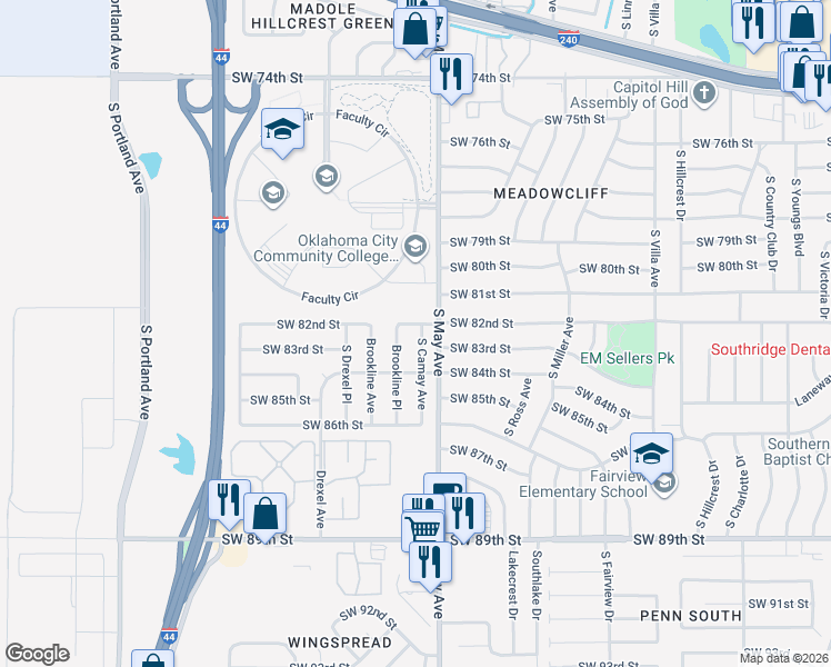 map of restaurants, bars, coffee shops, grocery stores, and more near 8304 South Camay Avenue in Oklahoma City