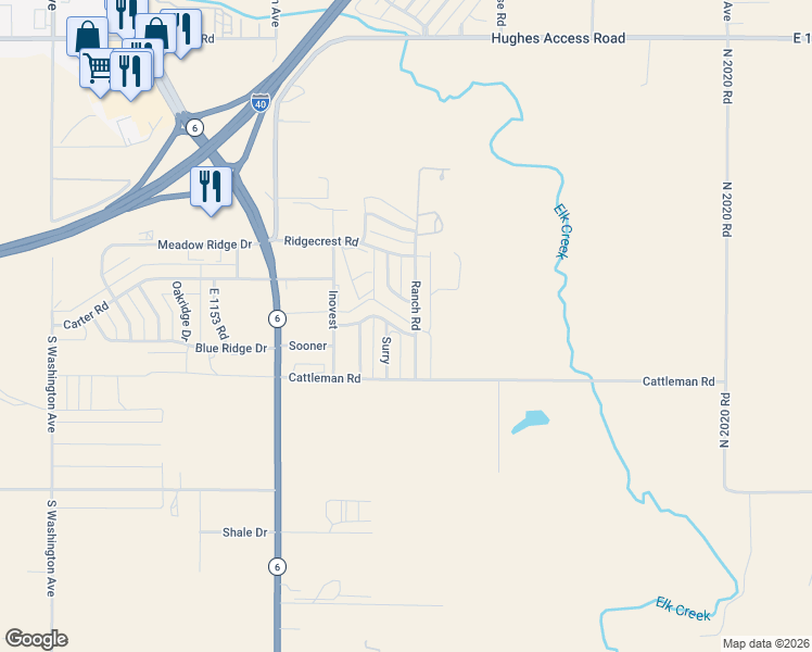 map of restaurants, bars, coffee shops, grocery stores, and more near 103 Cripple Creek Lane in Elk City