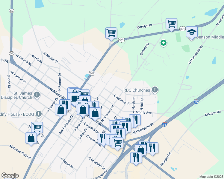 map of restaurants, bars, coffee shops, grocery stores, and more near 505 North Elm Street in Benson