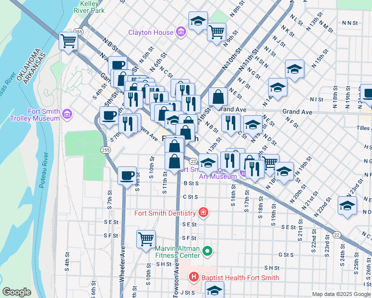 map of restaurants, bars, coffee shops, grocery stores, and more near 1112 Garrison Avenue in Fort Smith