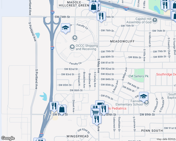 map of restaurants, bars, coffee shops, grocery stores, and more near 8303 Brookline Place in Oklahoma City
