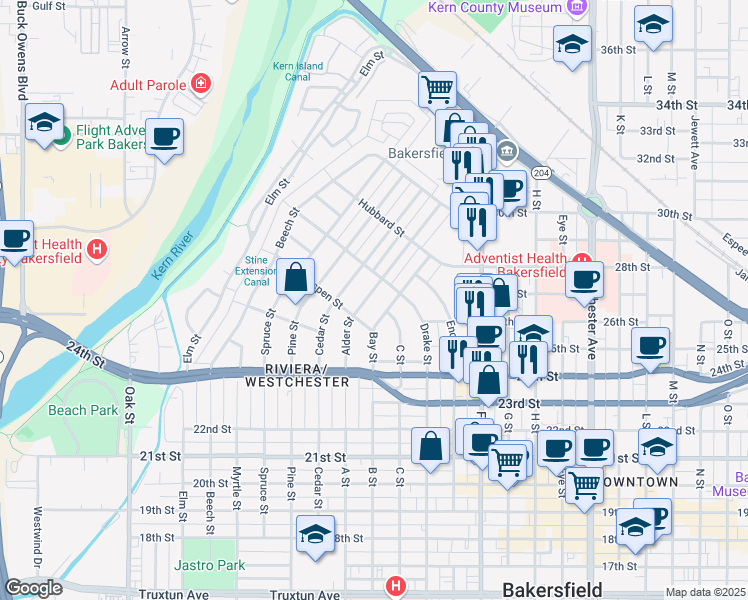 map of restaurants, bars, coffee shops, grocery stores, and more near 2520 Alder Street in Bakersfield