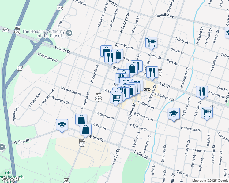 map of restaurants, bars, coffee shops, grocery stores, and more near 135 West Walnut Street in Goldsboro