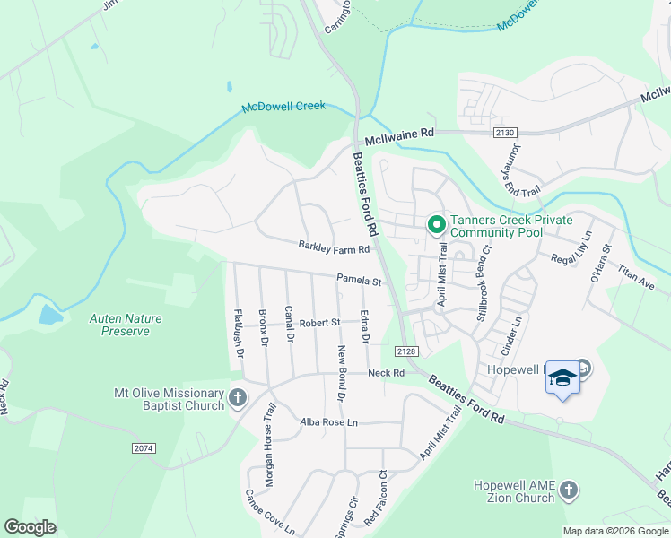 map of restaurants, bars, coffee shops, grocery stores, and more near 6425 Pamela Street in Huntersville