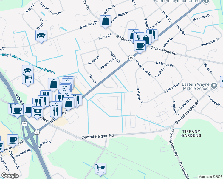 map of restaurants, bars, coffee shops, grocery stores, and more near 2708 Warrick Circle in Goldsboro