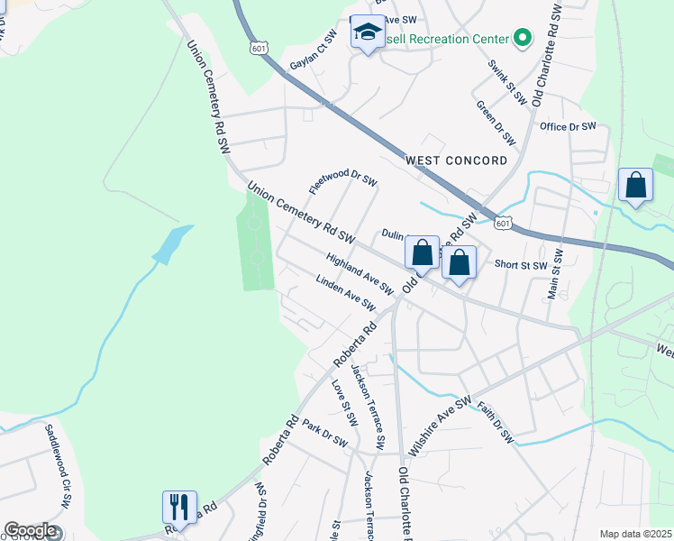 map of restaurants, bars, coffee shops, grocery stores, and more near 116 Poplar Street Southwest in Concord