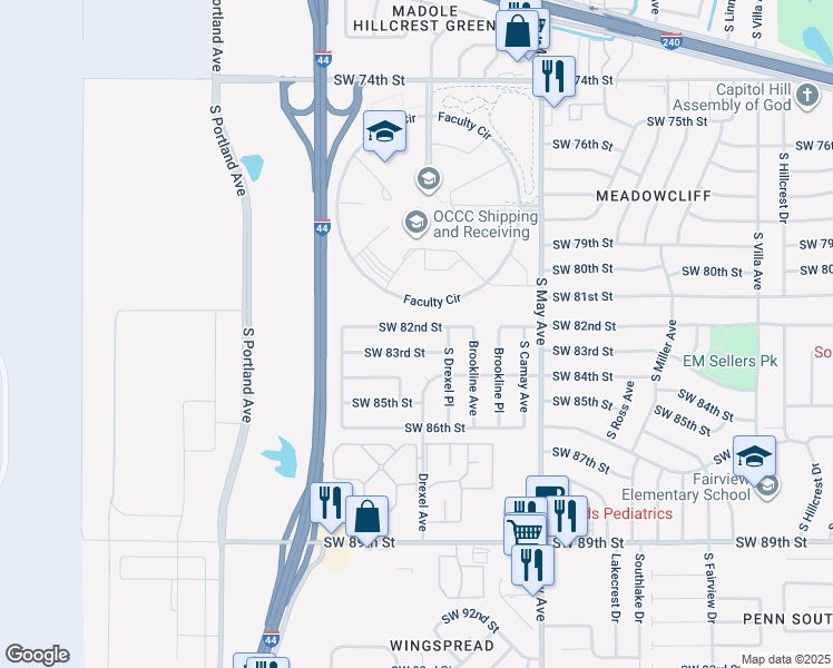 map of restaurants, bars, coffee shops, grocery stores, and more near 3120 SW 82nd St in Oklahoma City