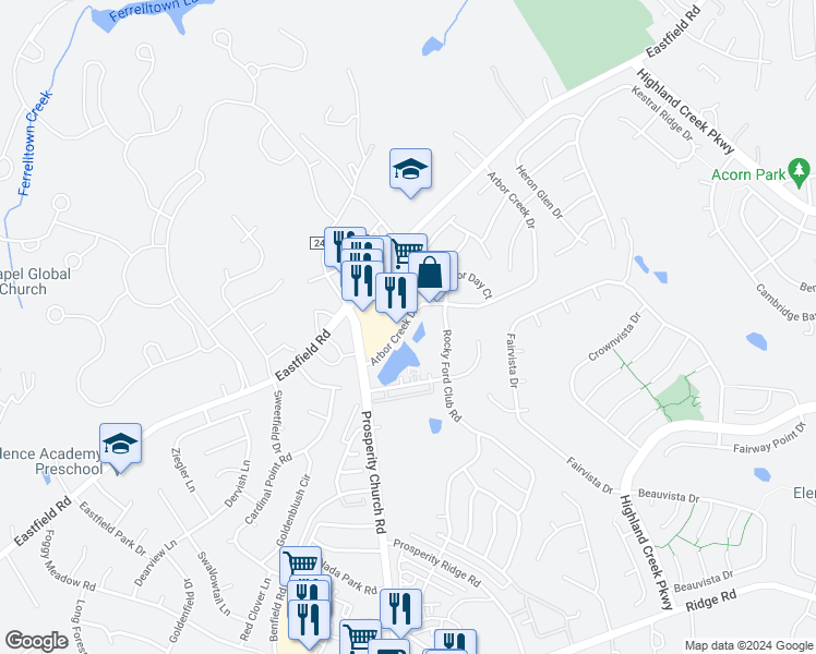 map of restaurants, bars, coffee shops, grocery stores, and more near 8728 Arbor Creek Drive in Charlotte