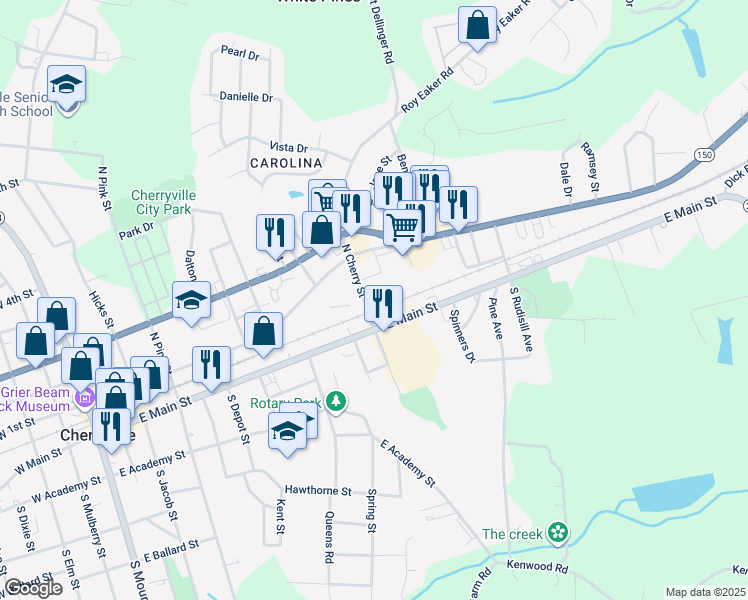 map of restaurants, bars, coffee shops, grocery stores, and more near 104 North Cherry Street in Cherryville