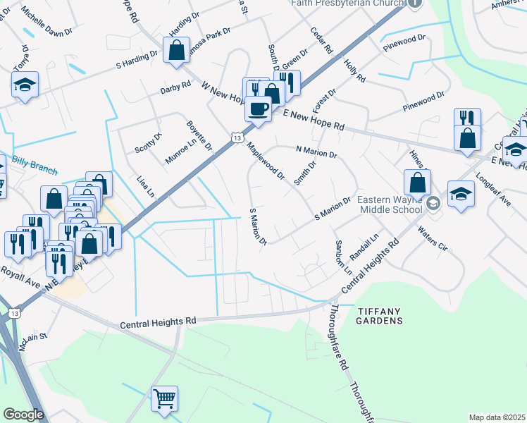 map of restaurants, bars, coffee shops, grocery stores, and more near 103 Challis Place in Goldsboro