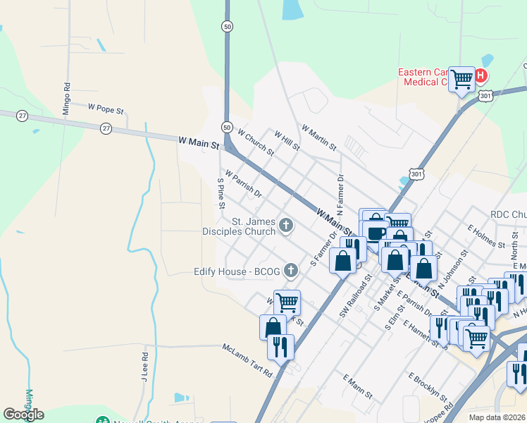 map of restaurants, bars, coffee shops, grocery stores, and more near 304 North Lincoln Street in Benson