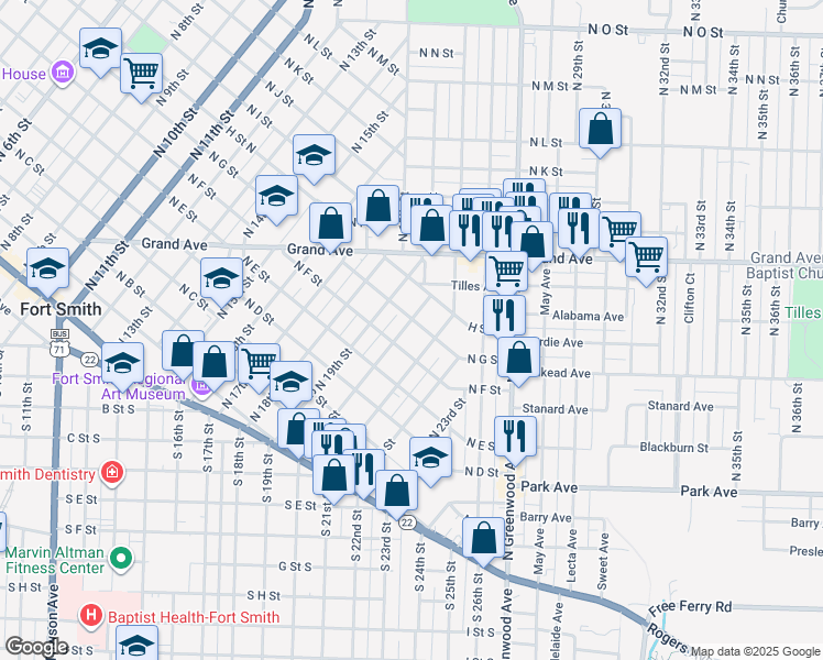 map of restaurants, bars, coffee shops, grocery stores, and more near 619 North 21st Street in Fort Smith