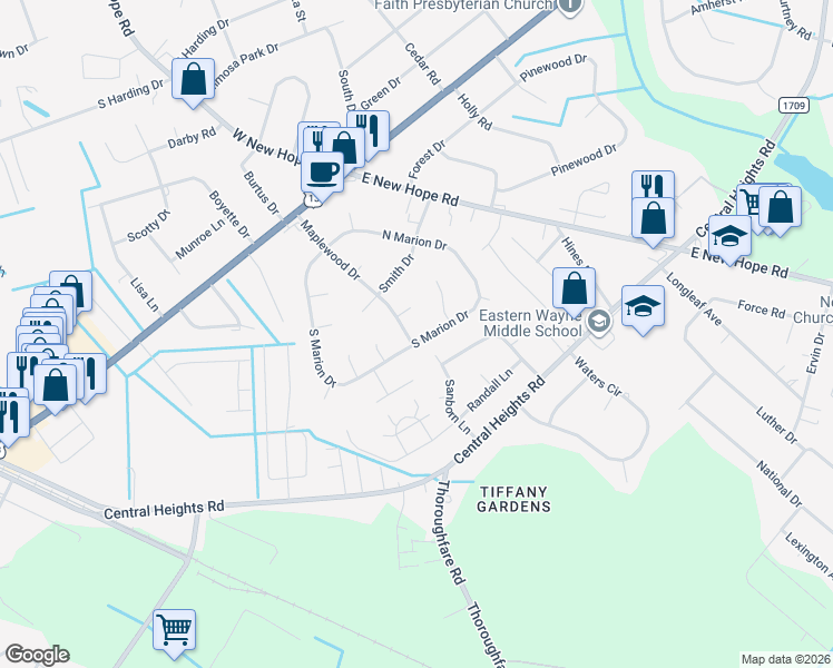 map of restaurants, bars, coffee shops, grocery stores, and more near 310 Maplewood Drive in Goldsboro