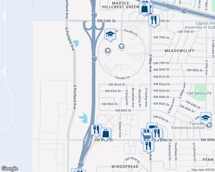 map of restaurants, bars, coffee shops, grocery stores, and more near 3217 Southwest 83rd Street in Oklahoma City