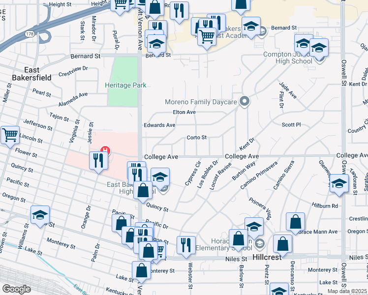 map of restaurants, bars, coffee shops, grocery stores, and more near 1809 Morgan Lane in Bakersfield