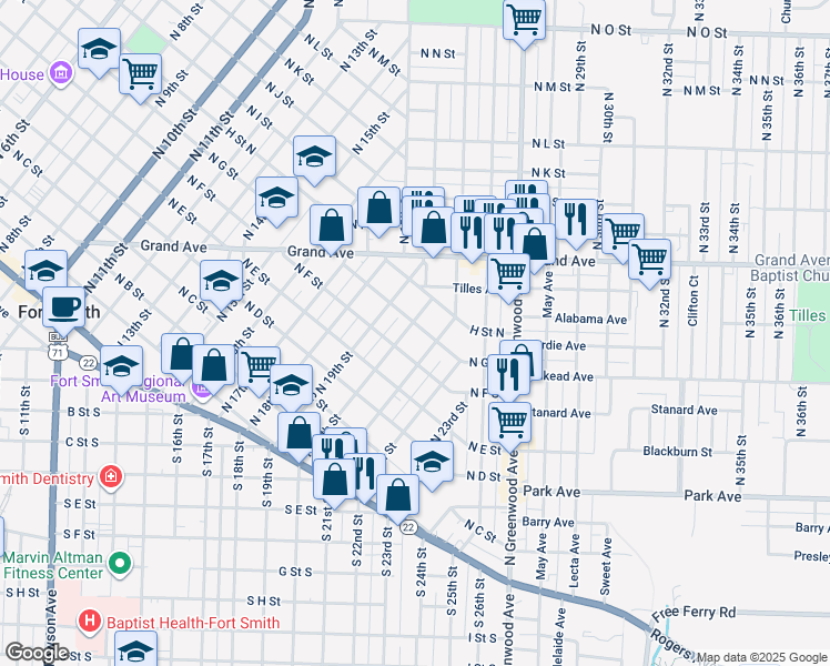 map of restaurants, bars, coffee shops, grocery stores, and more near 619 North 21st Street in Fort Smith