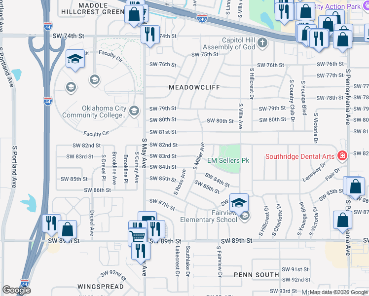 map of restaurants, bars, coffee shops, grocery stores, and more near 2709 Southwest 83rd Street in Oklahoma City