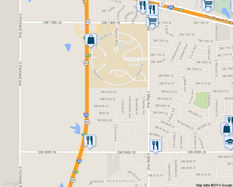 map of restaurants, bars, coffee shops, grocery stores, and more near 3120 Southwest 82nd Street in Oklahoma City