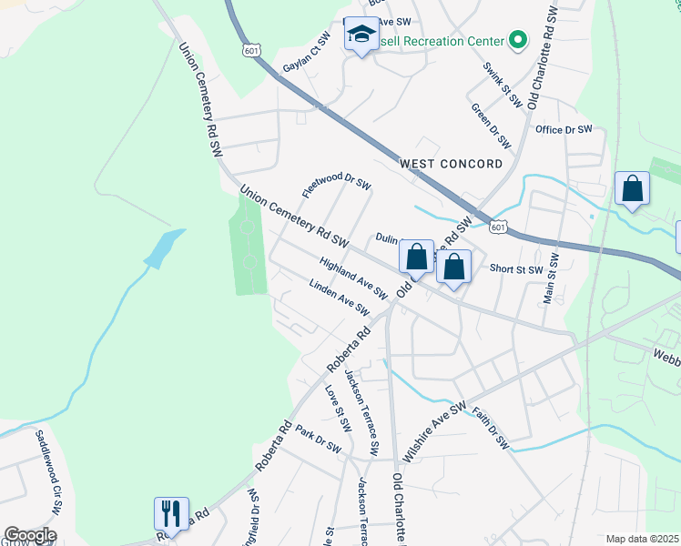 map of restaurants, bars, coffee shops, grocery stores, and more near 116 Poplar Street Southwest in Concord