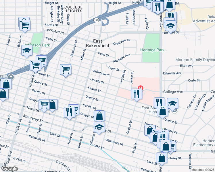 map of restaurants, bars, coffee shops, grocery stores, and more near 1728 Williams Street in Bakersfield