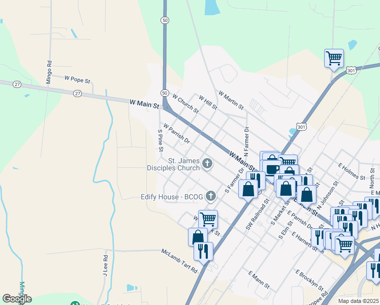map of restaurants, bars, coffee shops, grocery stores, and more near 304 North Lincoln Street in Benson