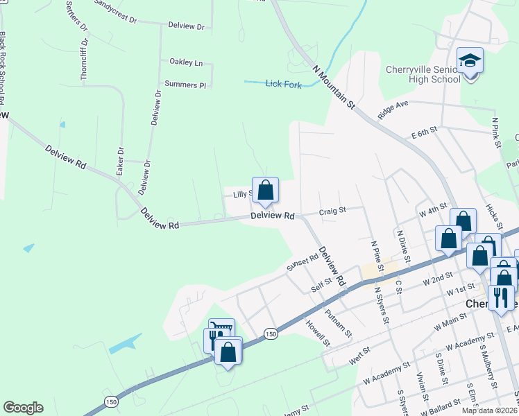 map of restaurants, bars, coffee shops, grocery stores, and more near 1002 Delview Road in Cherryville