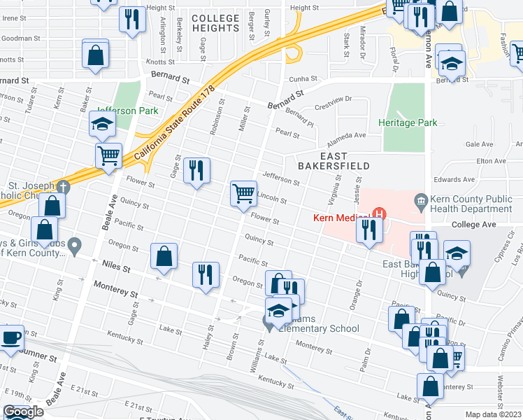map of restaurants, bars, coffee shops, grocery stores, and more near 1418 Flower Street in Bakersfield