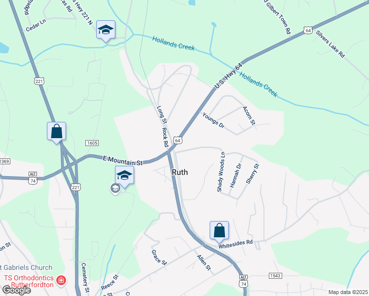 map of restaurants, bars, coffee shops, grocery stores, and more near 126 Shady Woods Lane in Rutherfordton