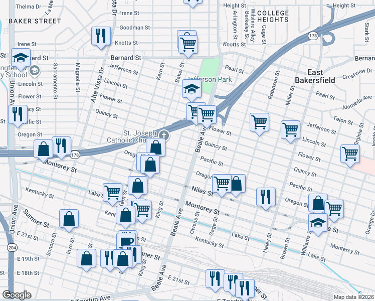 map of restaurants, bars, coffee shops, grocery stores, and more near 826 Pacific Street in Bakersfield
