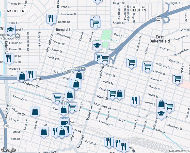 map of restaurants, bars, coffee shops, grocery stores, and more near 826 Pacific Street in Bakersfield