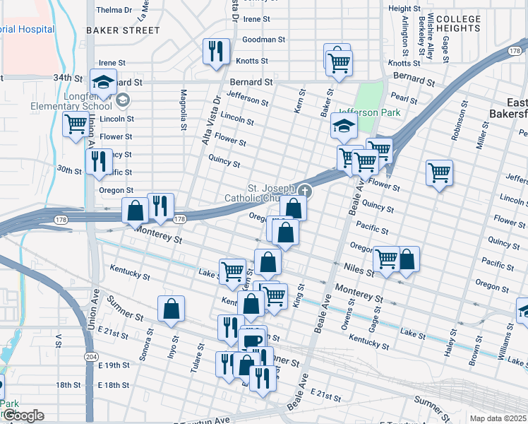 map of restaurants, bars, coffee shops, grocery stores, and more near 600 Oregon Street in Bakersfield