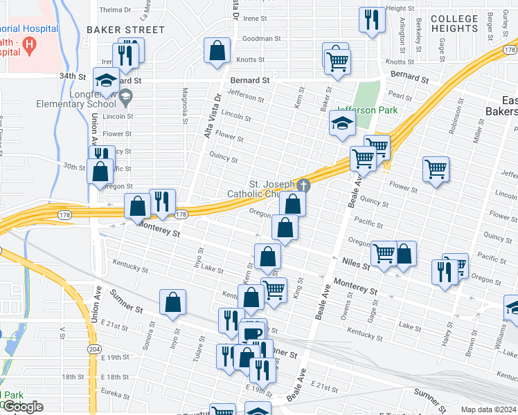 map of restaurants, bars, coffee shops, grocery stores, and more near 600 Oregon Street in Bakersfield